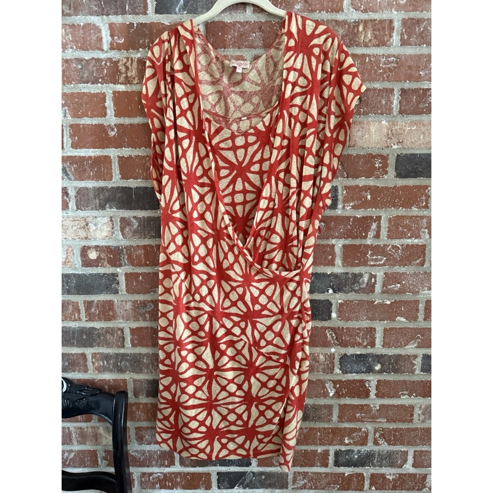PLENTY by TRACY REESE Orange Beige Print Linen Jersey Knit Layered Slip Dress L